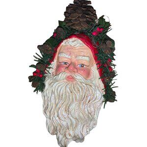 Vintage Santa Claus Wall Hanging With Pinecones & Holly Garland Accents